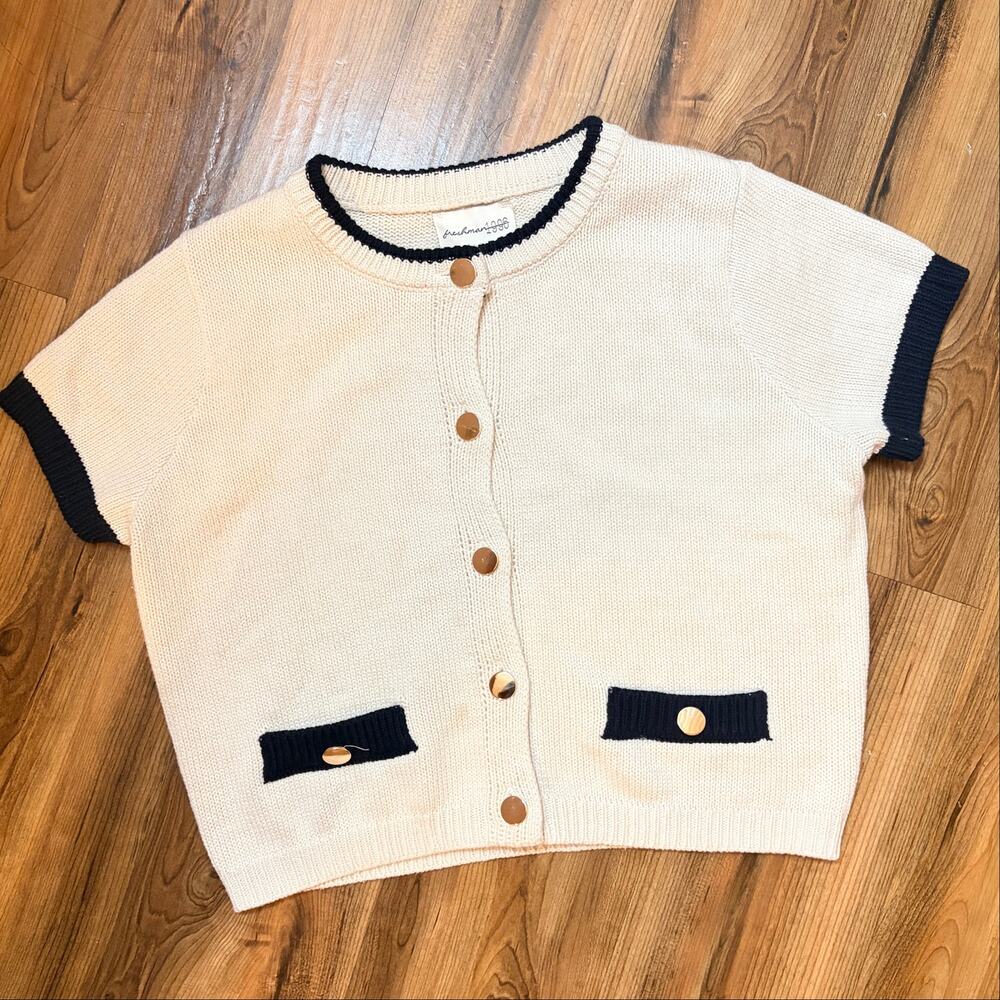 Freshman 1996 Cream & Navy Knit Short Sleeve Cardigan | Gold Button | Women’s M - Picture 6 of 10